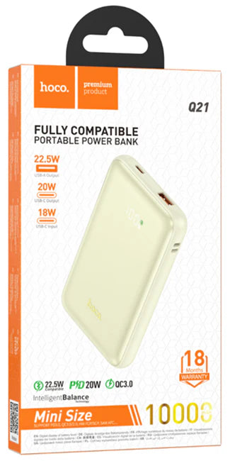HOCO Premium Products, White Fully Compatible Portable Power Bank Mini Size 22.5W compatible, USB A Output, 20W USB-C Output, 18W USB-C Input