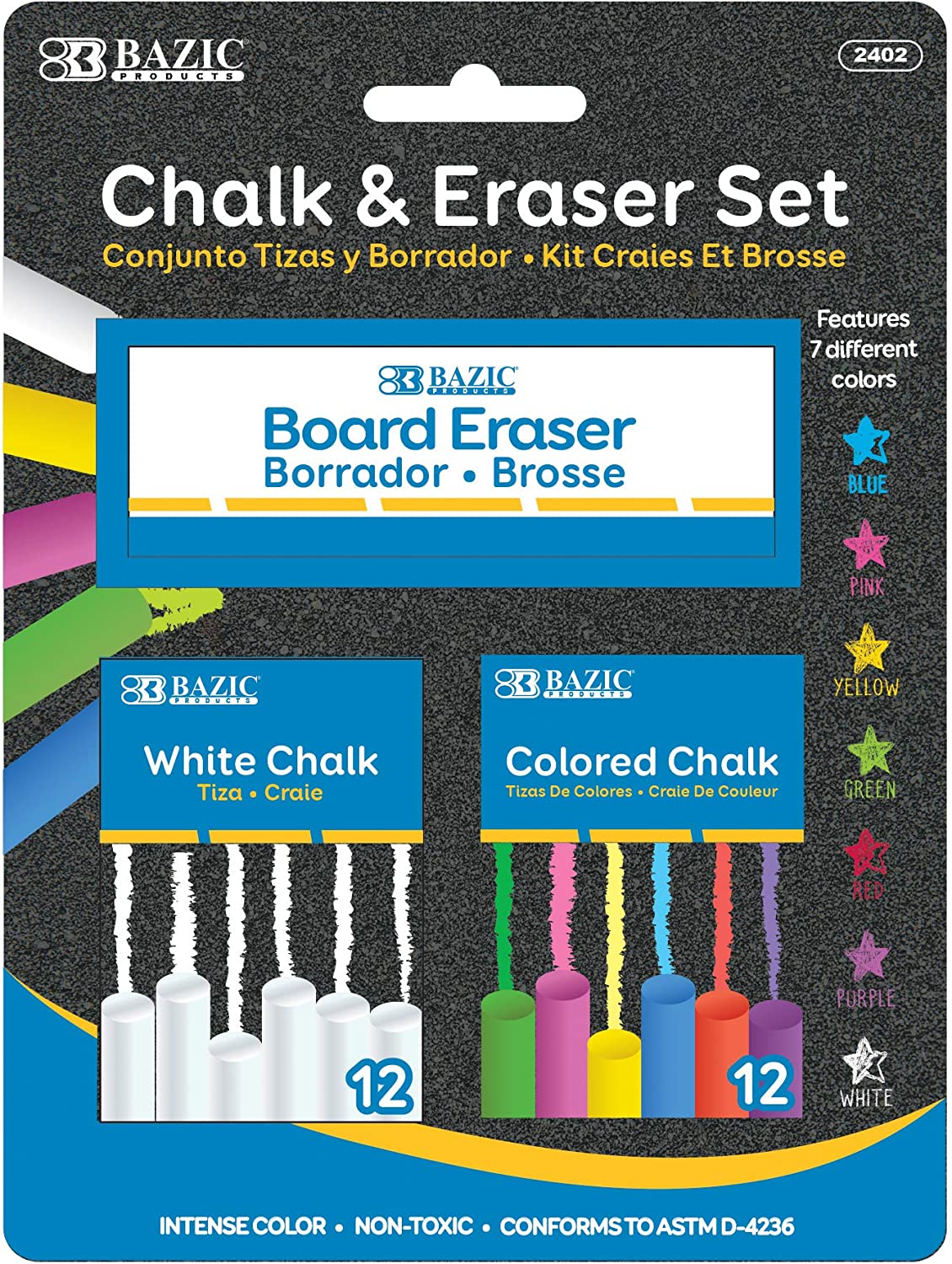 Bazic Chalk And Eraser Set - 7 Colors