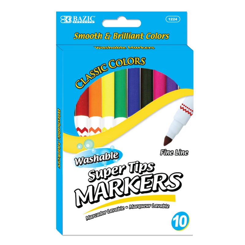 Bazic Washable Super Tip Markers, 10pcs