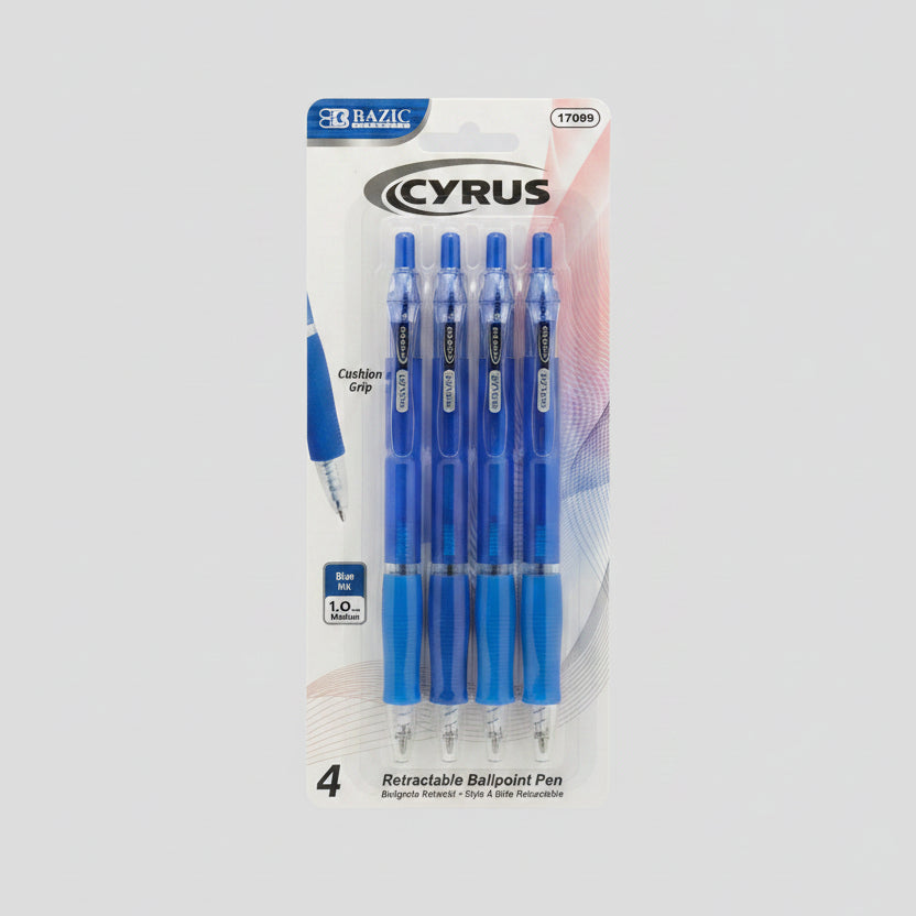 Bazic Cyrus Retractable blue Ballpoint Pen 4pcs