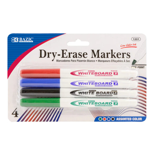 Bazic Dry Erase Marker, Assorted Colors, Fine Point, Low Odor, 4 pk