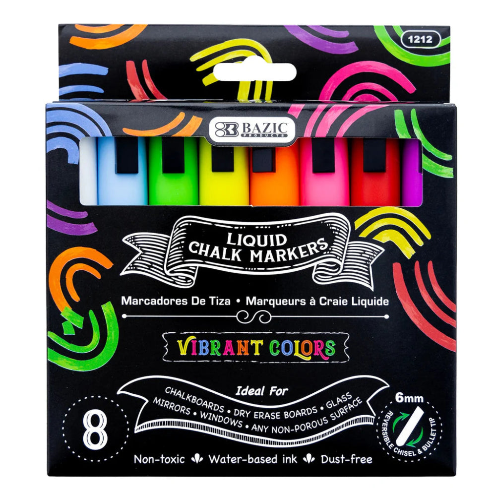 Bazic Liquid Chalk Markers, Vibrant Colors, 8pk