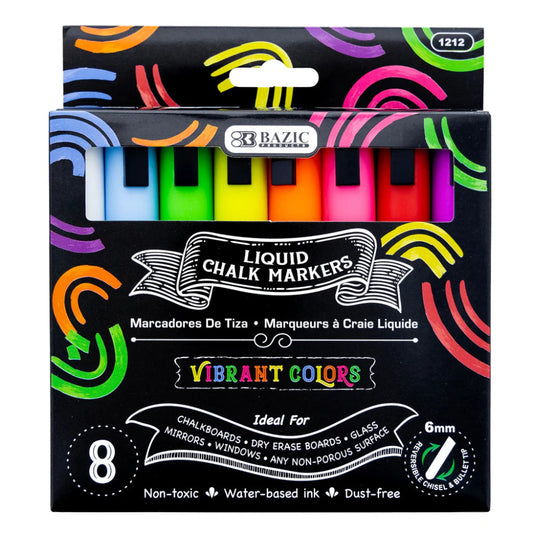 Bazic Liquid Chalk Markers, Vibrant Colors, 8pk