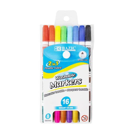 Bazic 2in1 Double Sided Washable Markers, 16 colors