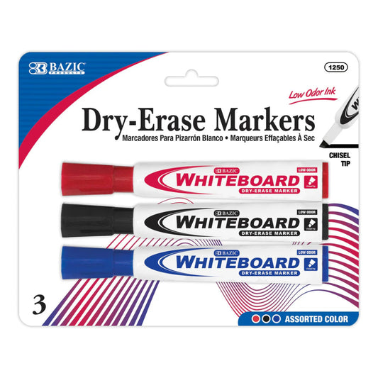 Bazic Dry-Erase Markers, 3 pk, Assorted Colours