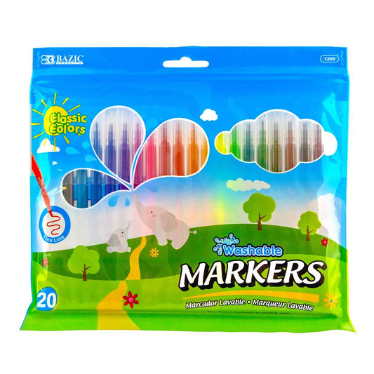 Bazic Washable Markers, Fine Line, 20pcs