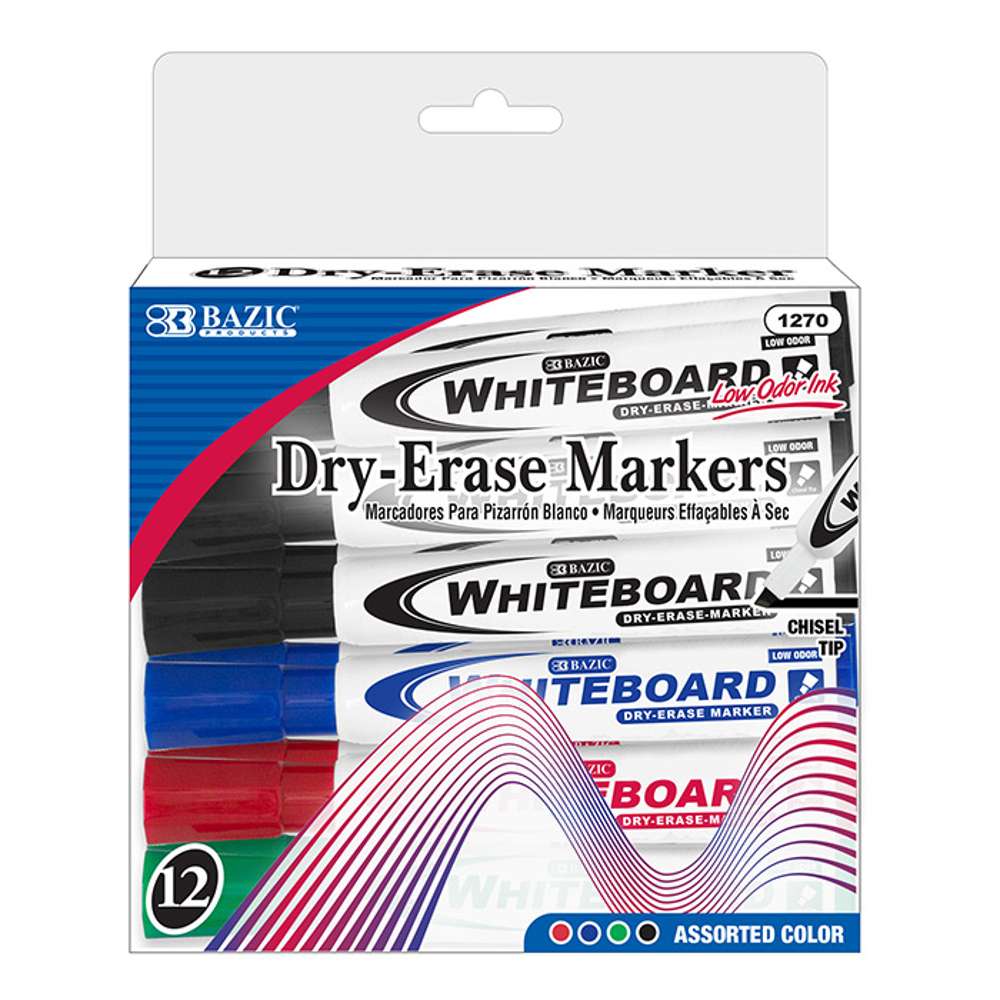Bazic Dry Erase Marker Low Odor Ink, Chisel Tip, Assorted Colors, 12 pk