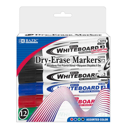 Bazic Dry Erase Marker Low Odor Ink, Chisel Tip, Assorted Colors, 12 pk