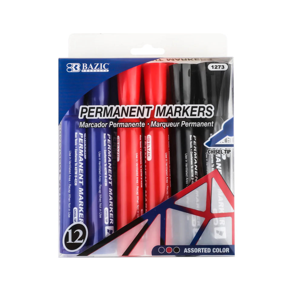 Bazic Permanent Markers, 12 pk, Assorted