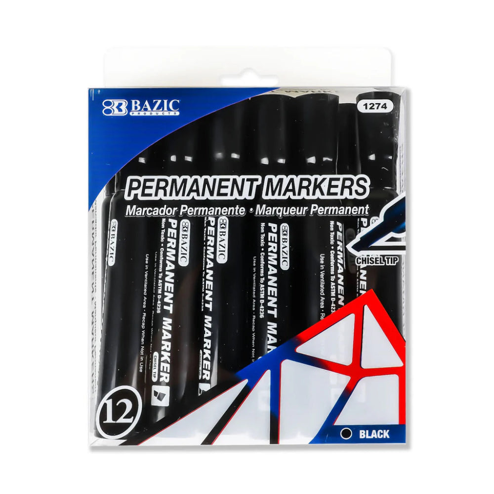 Bazic Permanent Markers Black, 12pk