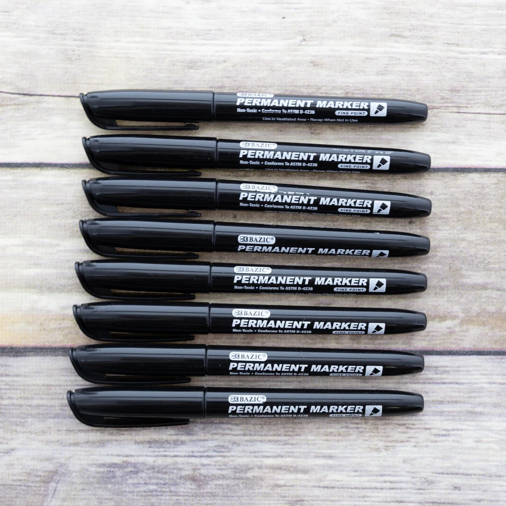 Bazic Black Fine Tip Permanent Markers w/ Pocket Clip (8/Pack)