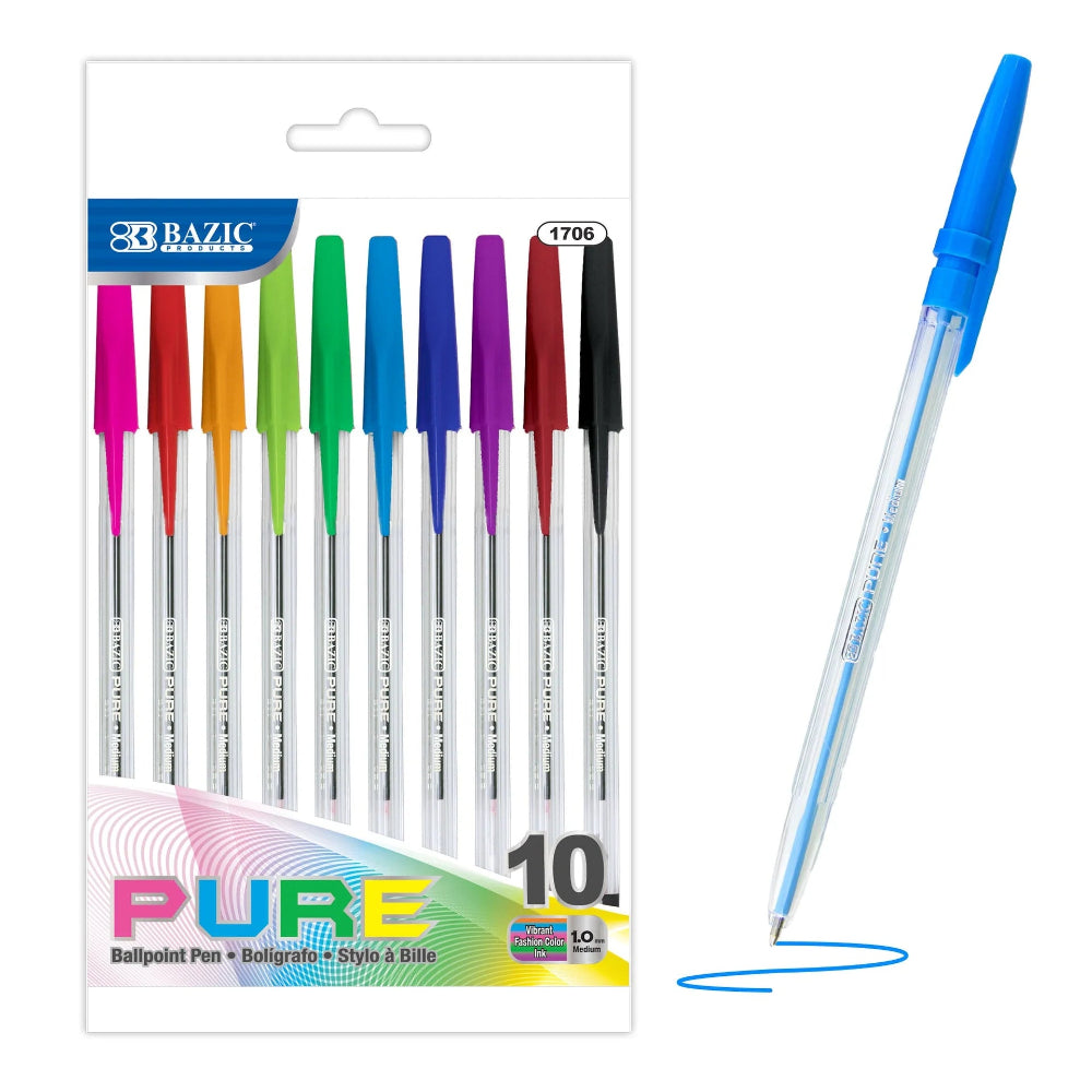 Bazic Pure Ballpoint Pen, Vibrant Colors, 10pk