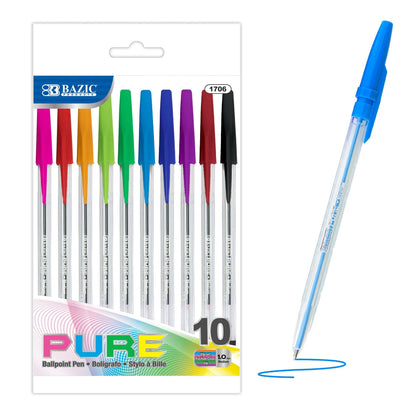 Bazic Pure Ballpoint Pen, Vibrant Colors, 10pk