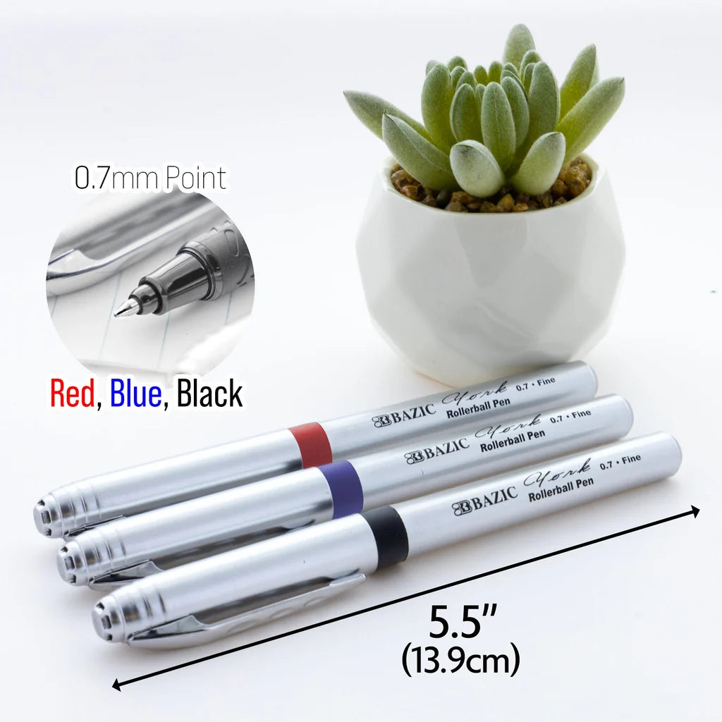 Bazic  York Asst. Color Rollerball Pen w/ Grip (3/Pack)