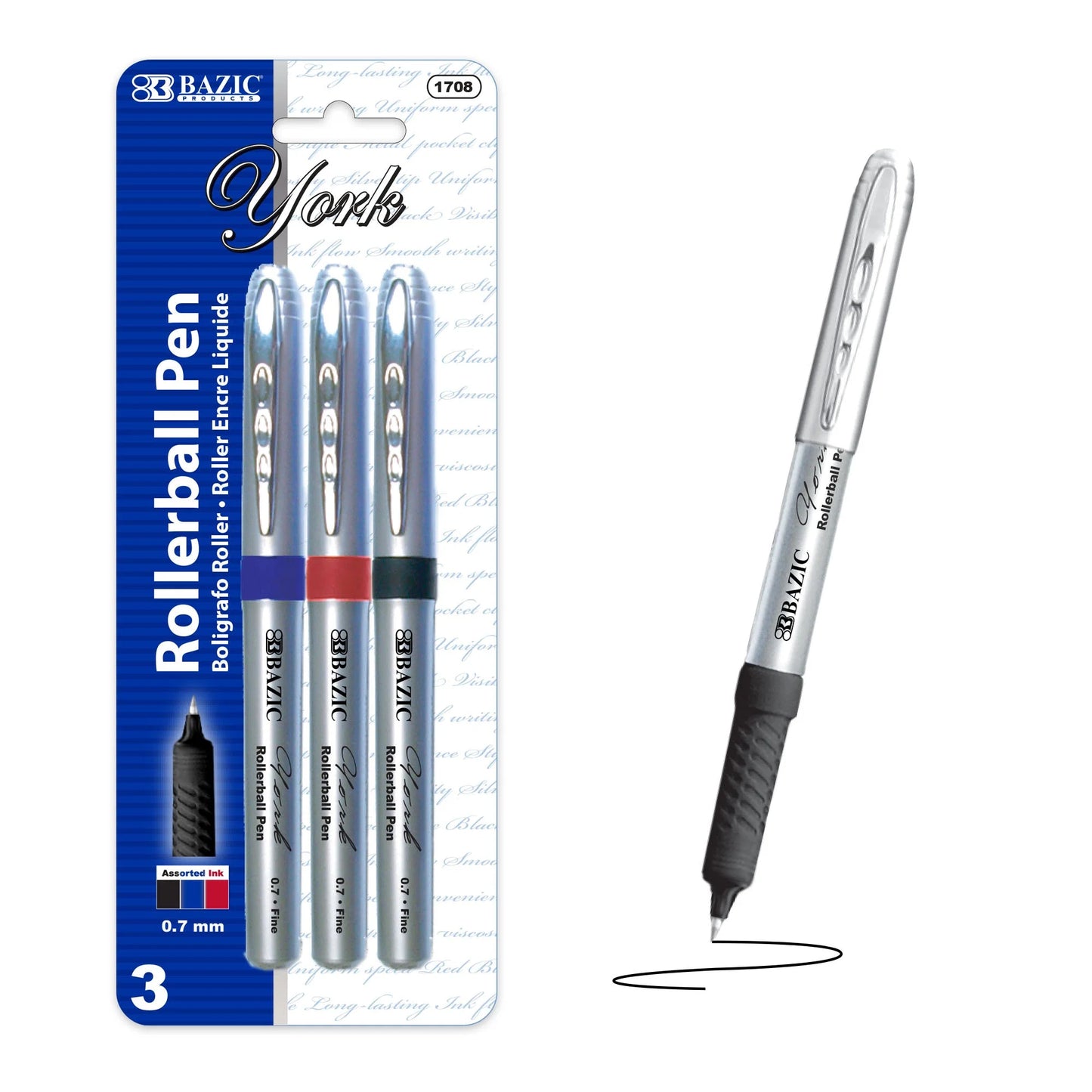 Bazic  York Asst. Color Rollerball Pen w/ Grip (3/Pack)