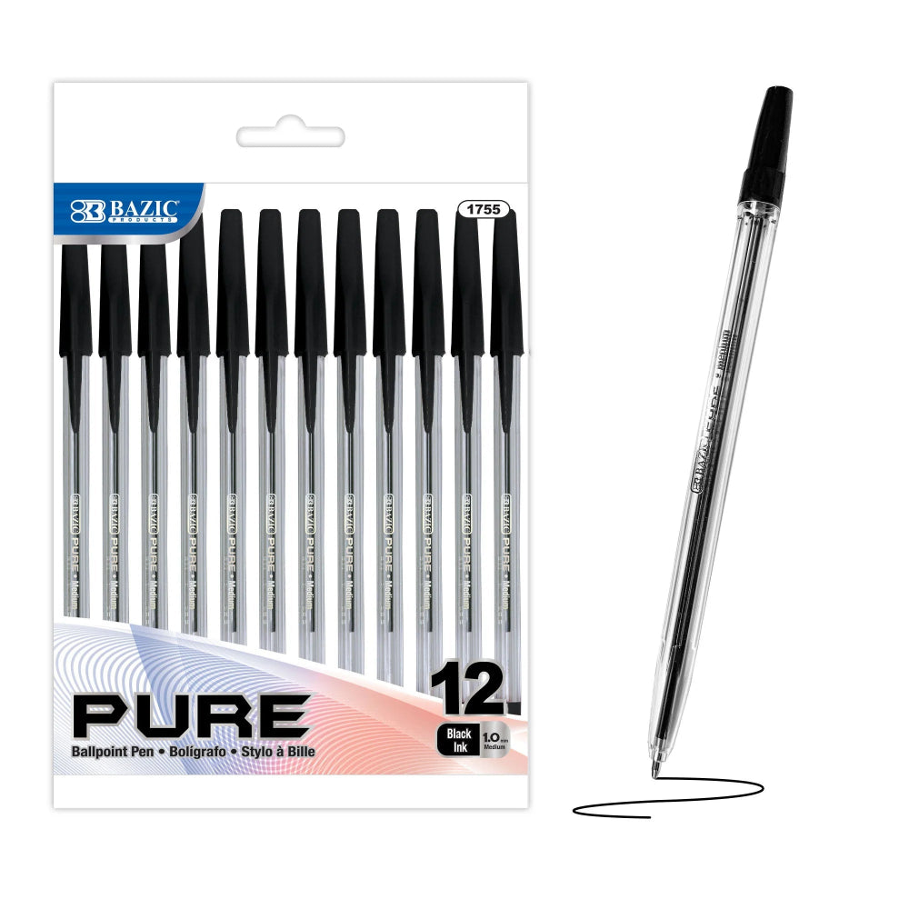 Bazic Pure Ballpoint Pen, Black, 12pk
