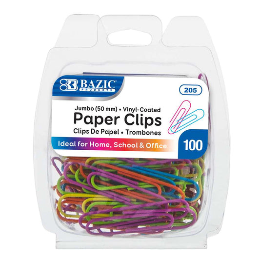 Bazic Jumbo Vinyl Coated Paper Clips, 100 pcs