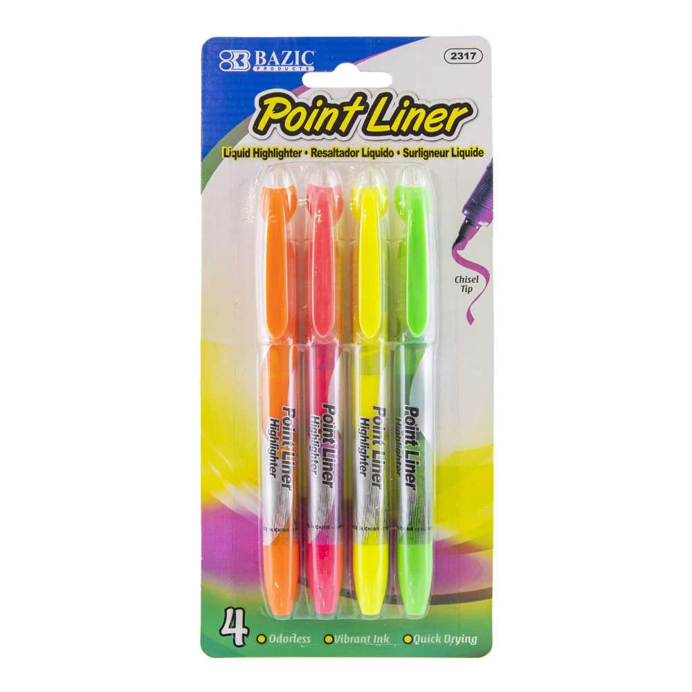 Bazic Point Liner Highlighter, Vibrant Color, 4pk