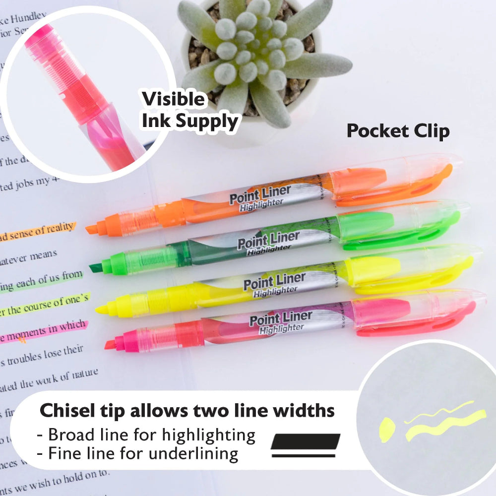 Bazic Point Liner Highlighter, Vibrant Color, 4pk