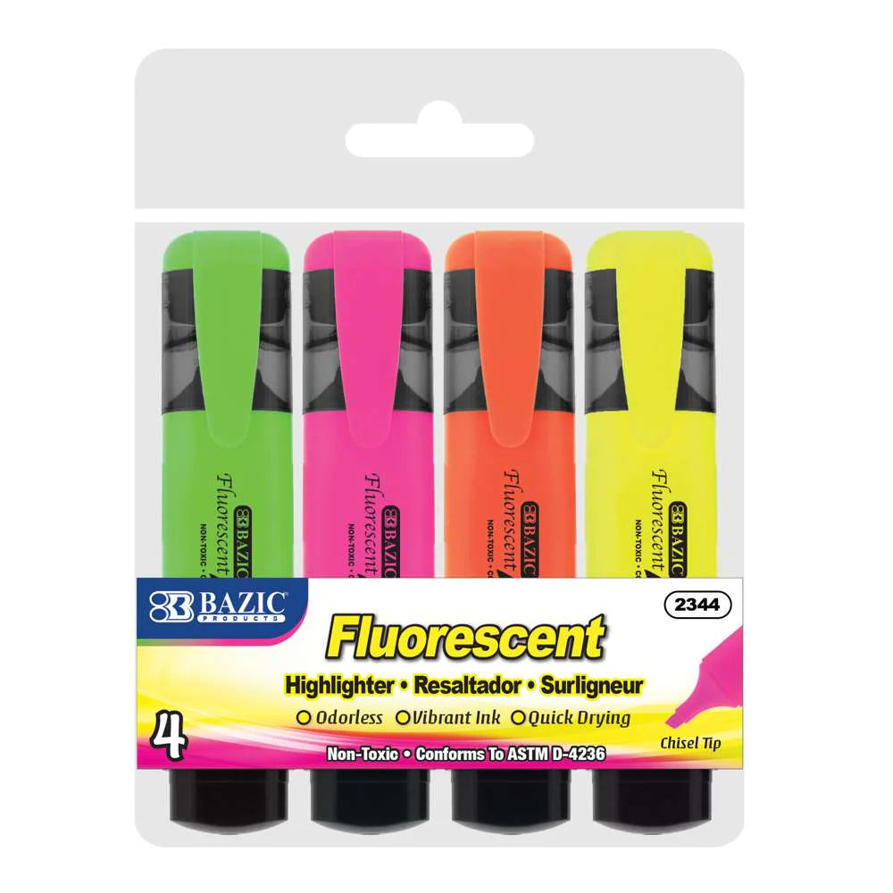 Bazic Fluorescent Highlighter, 4pk