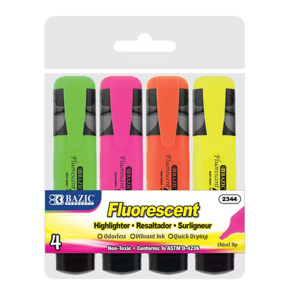 Bazic Fluorescent Highlighter, 4pk