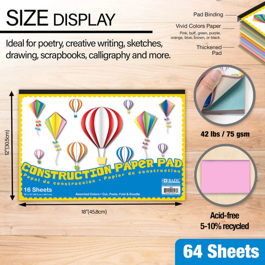 Bazic Construction Paper Pad 16 Sheets 18" x 12"