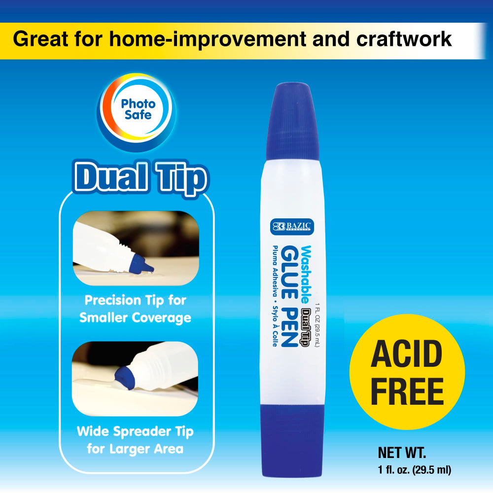 Bazic Washable Glue Pen Dual Tip, 1 oz