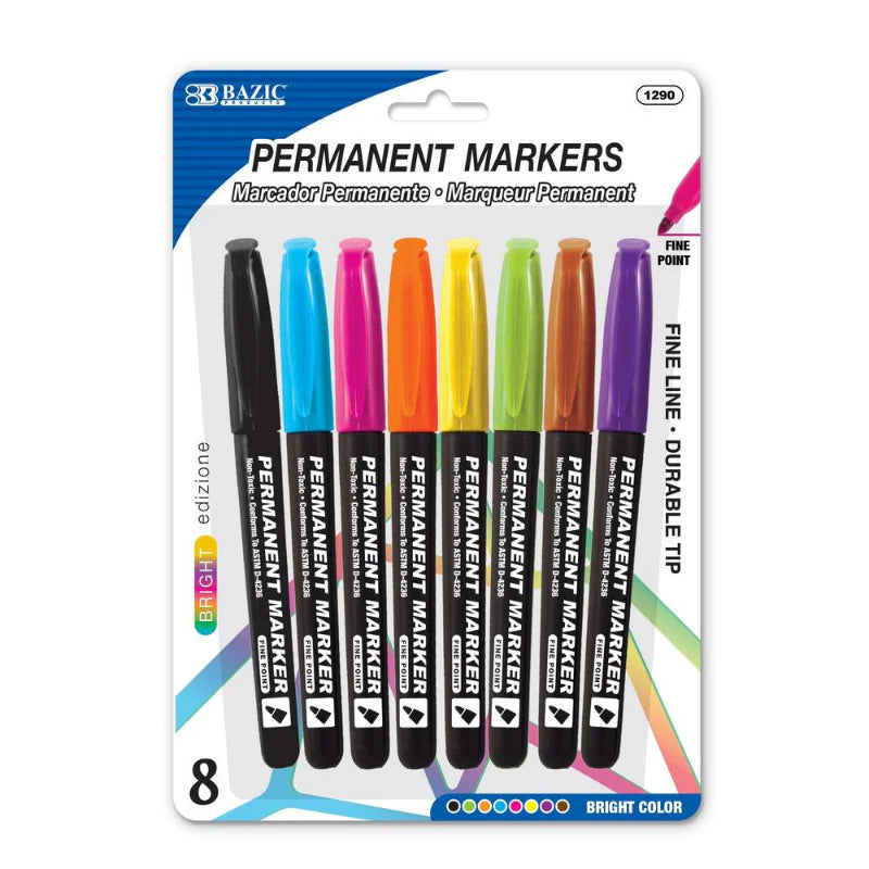 Bazic Permanent Markers Fine Line Durable Tip 8 Pk - Bright Colors
