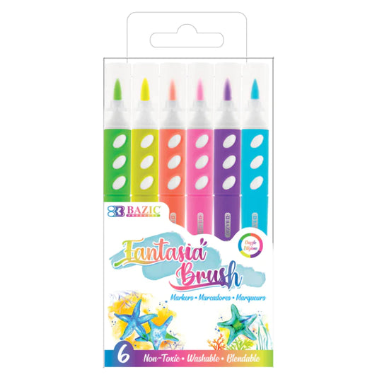 Bazic Fantasia Brush Markers, Neon, 6 pk