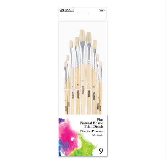 Bazic Flat Natural Bristle Paint Brushes 9pcs