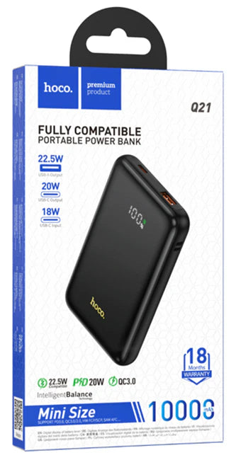 HOCO Premium Products, Black Fully Compatible Portable Power Bank Mini Size 22.5W compatible, USB A Output, 20W USB-C Output, 18W USB-C Input