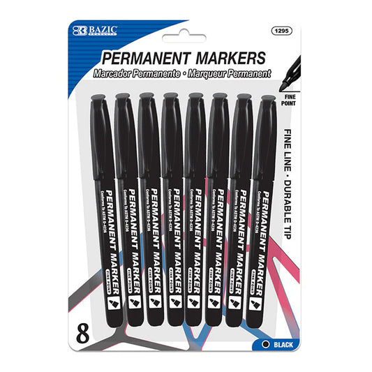 Bazic Black Fine Tip Permanent Markers w/ Pocket Clip (8/Pack)