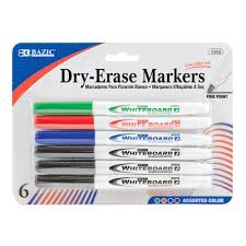 Bazic Dry Erase Marker Assorted Colors - Fine Point, Low Odor, 6pk