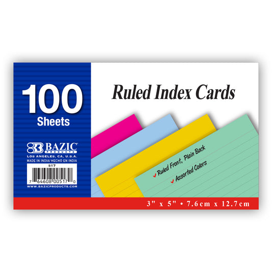 Bazic 100 Ct. 3" X 5" Ruled Colored Index Card