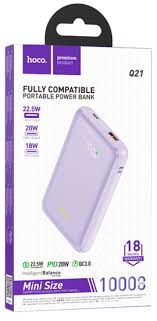 HOCO Premium Products, Purple Fully Compatible Portable Power Bank Mini Size 22.5W compatible, USB A Output, 20W USB-C Output, 18W USB-C Input