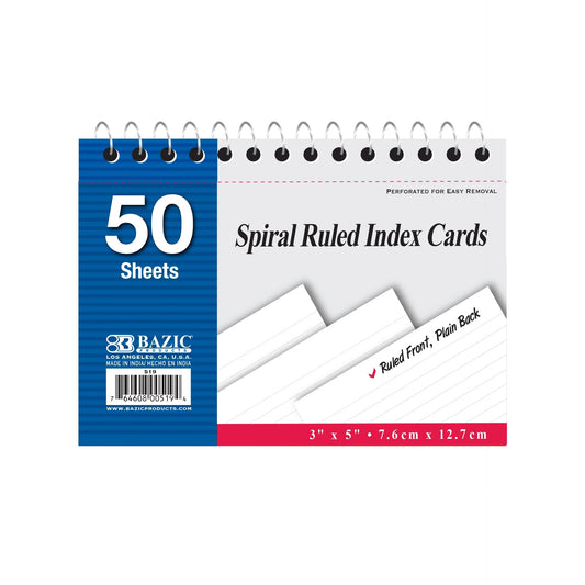 Bazic  50 Ct. Spiral Bound 3" X 5" Ruled White Index Card