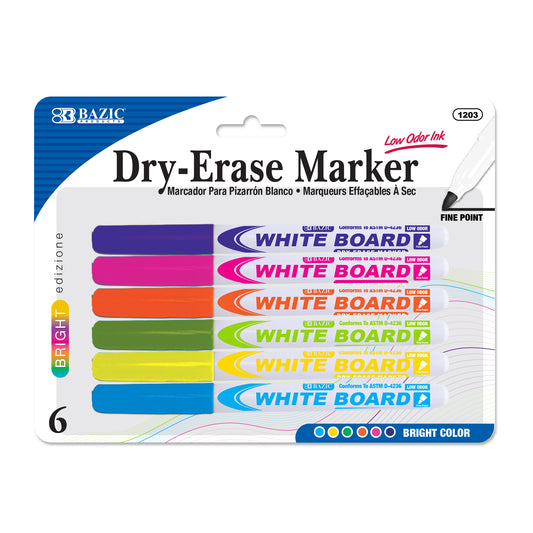 Bazic Dry Erase Marker Bright Colors - Fine Point, Low Odor, 6 pk