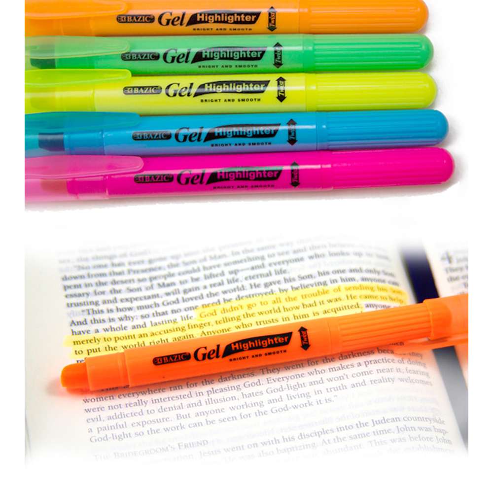 Bazic Gel Fluorescent Bible Highlighter Smooth Glide 5 Pk