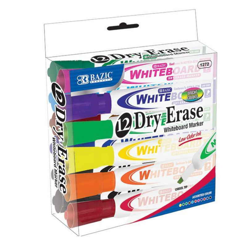 Bazic Dry-Erase Marker - Bright Colors, Low Odor Ink - 12 Pack