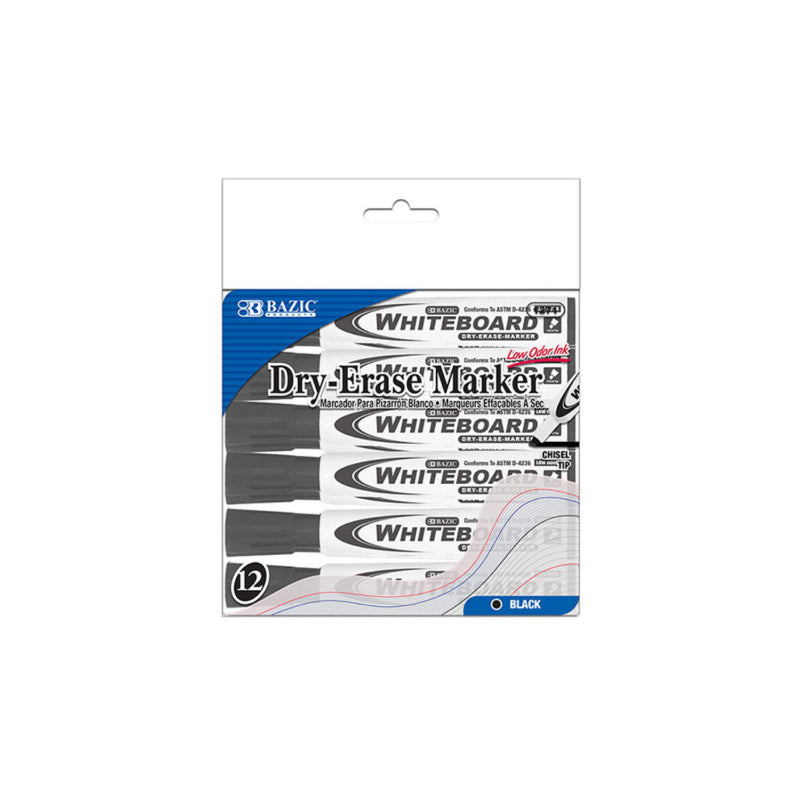 Bazic Dry-Erase White Board Marker Black 12pcs - Low Odor Ink